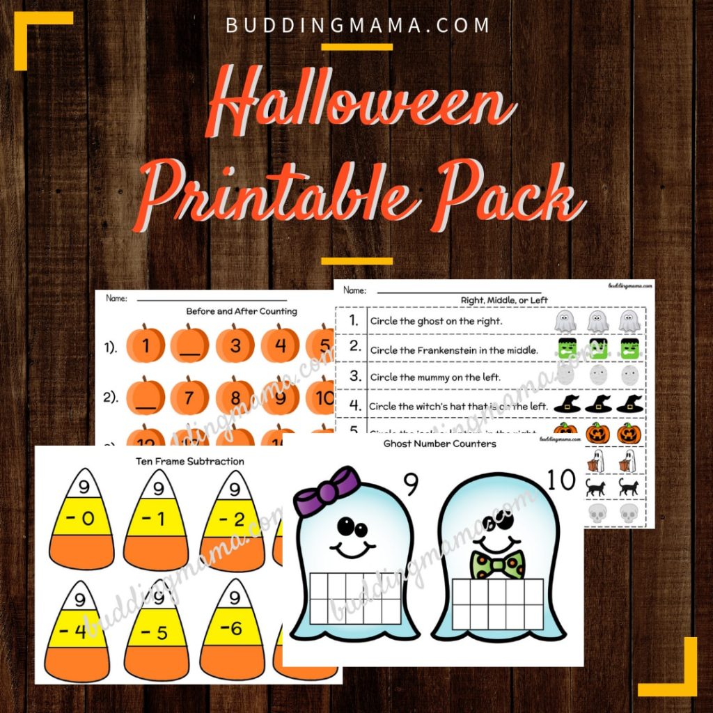 halloween printable pack pumpkins ghost counters math writing candy corn brown background