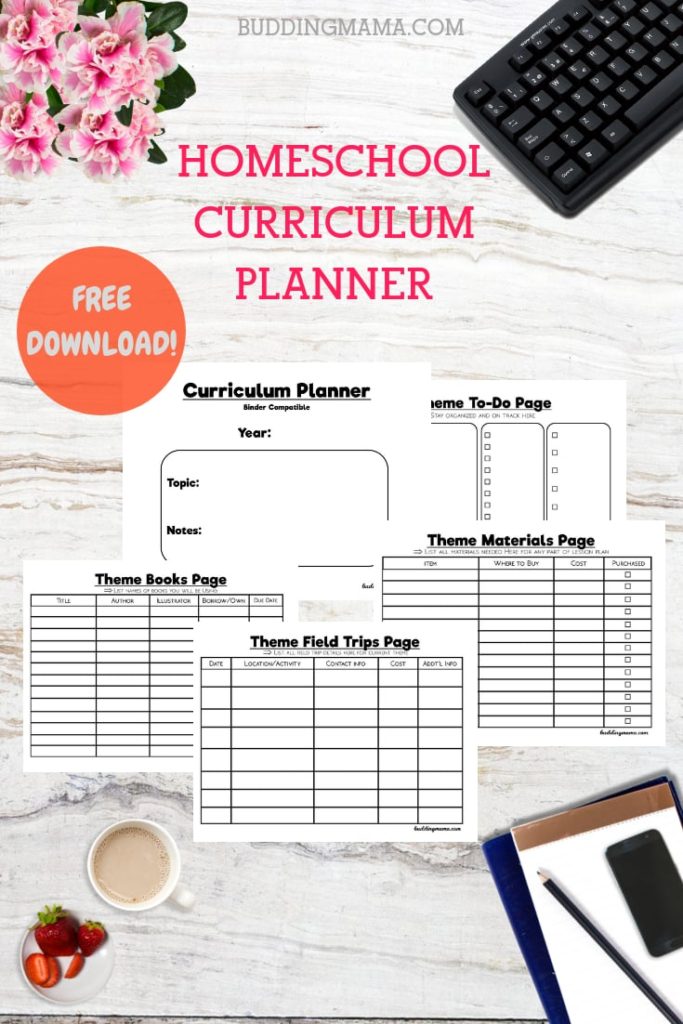 homeschool curriculum planner keyboard with notebook phone pencil materials field trips books pages hightlighted