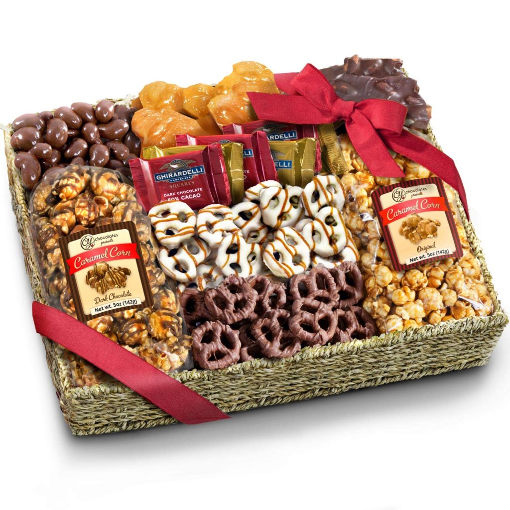 amazon gift guide for the family chocolate basket snacks chocolate pretzels popcorn
