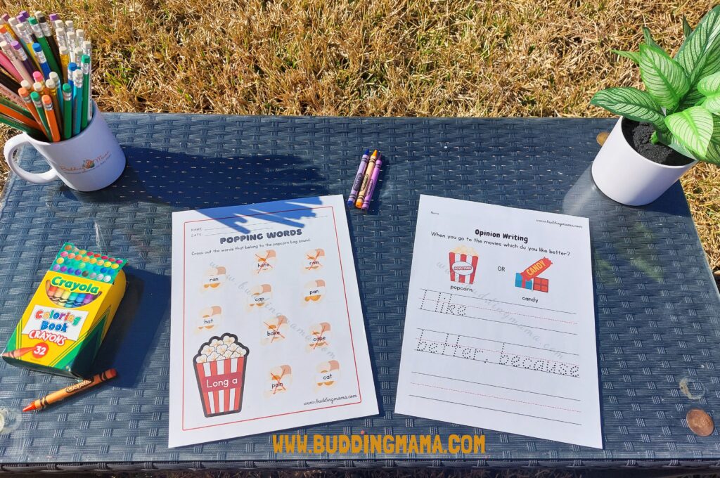 Long vowel worksheets and writing prompt for national popcorn day