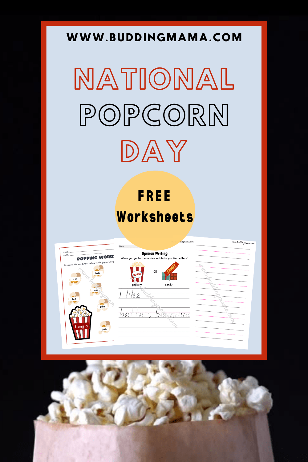National Popcorn Day worksheets with vowel practice for Kinder and 1st grade Budding Mama